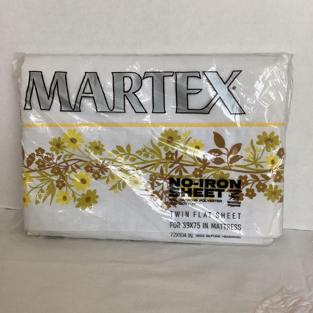 Martex Twin Flat Sheet Vintage 70s‎ White Yellow Floral NEW NOS No-Iron Muslin